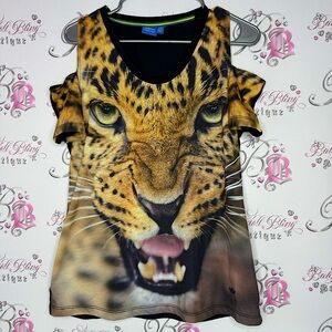 Adidas tee cold shoulder open arms cheetah 🐆 face tshirt top animal face rawr